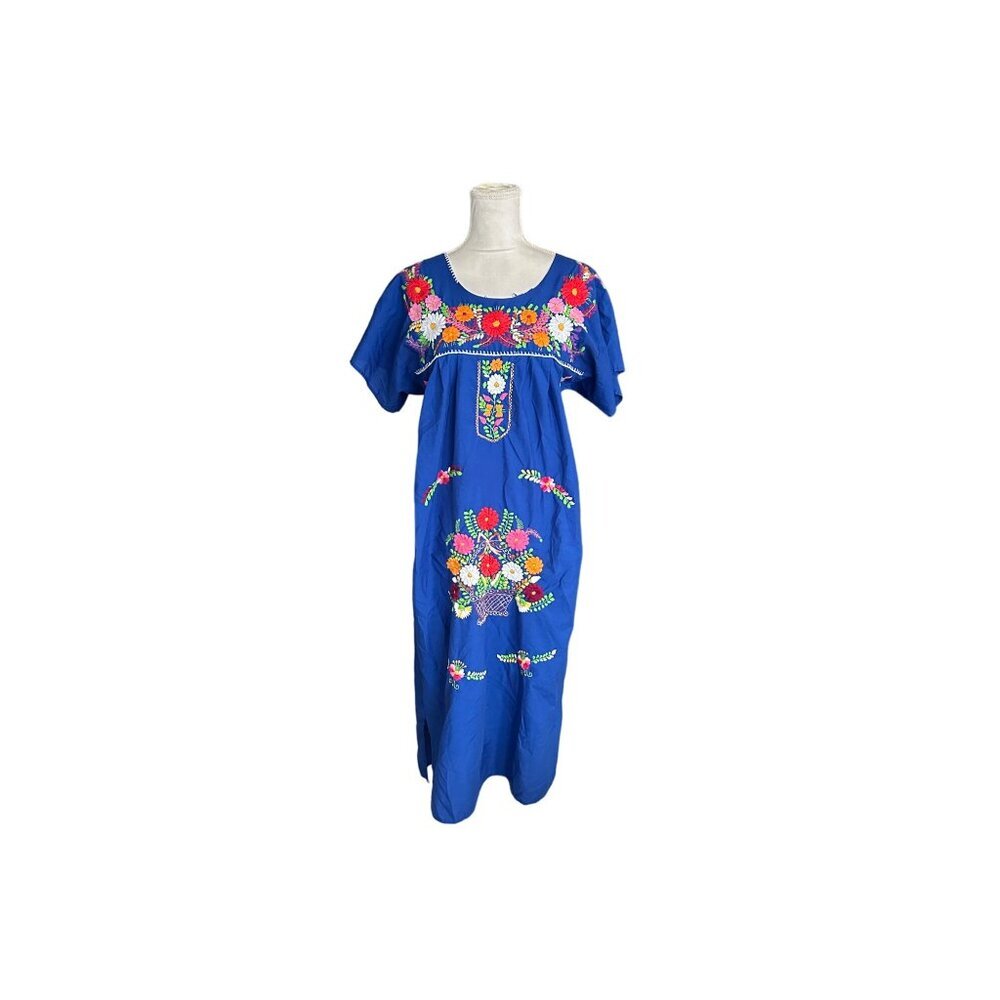 Handmade Mexican Embroidered Blue Cotton Dress Floral Bohemian Style With Flaw